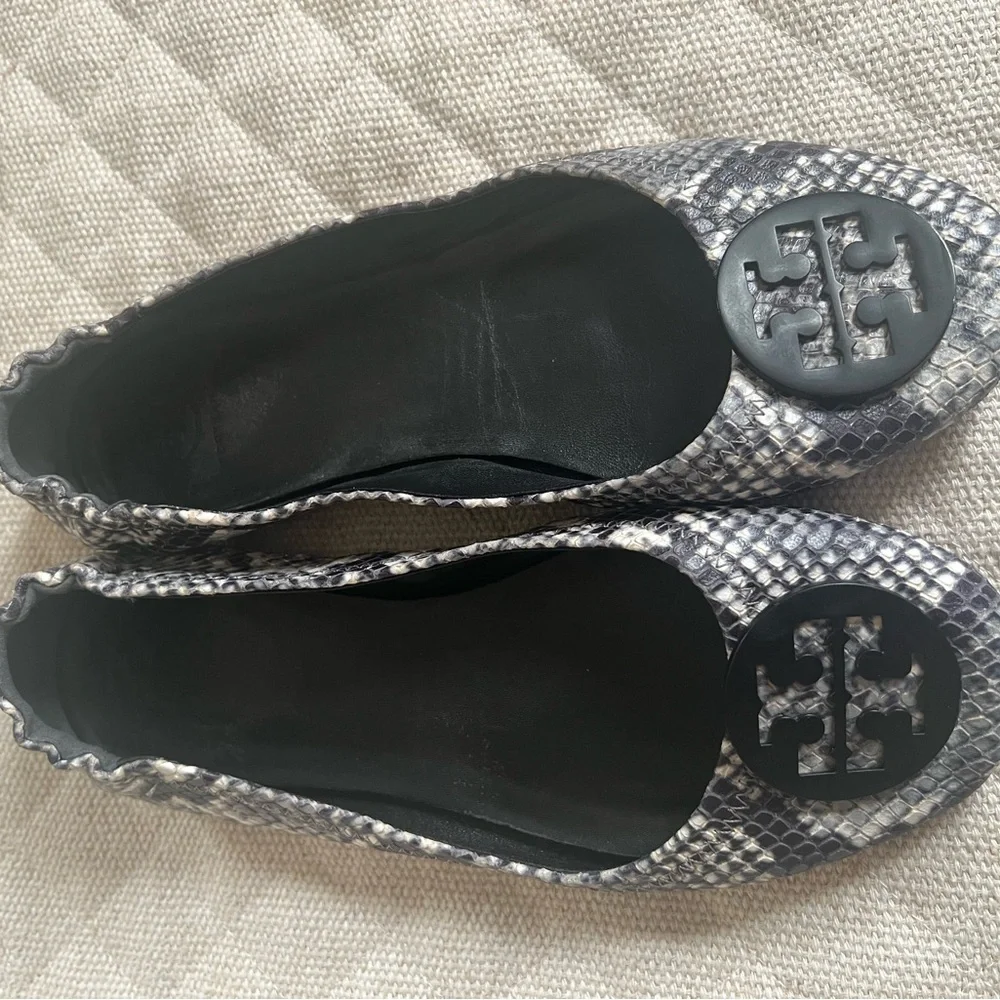 Tory Burch Metallic Silver Snake-Print Reva Ballet Flats